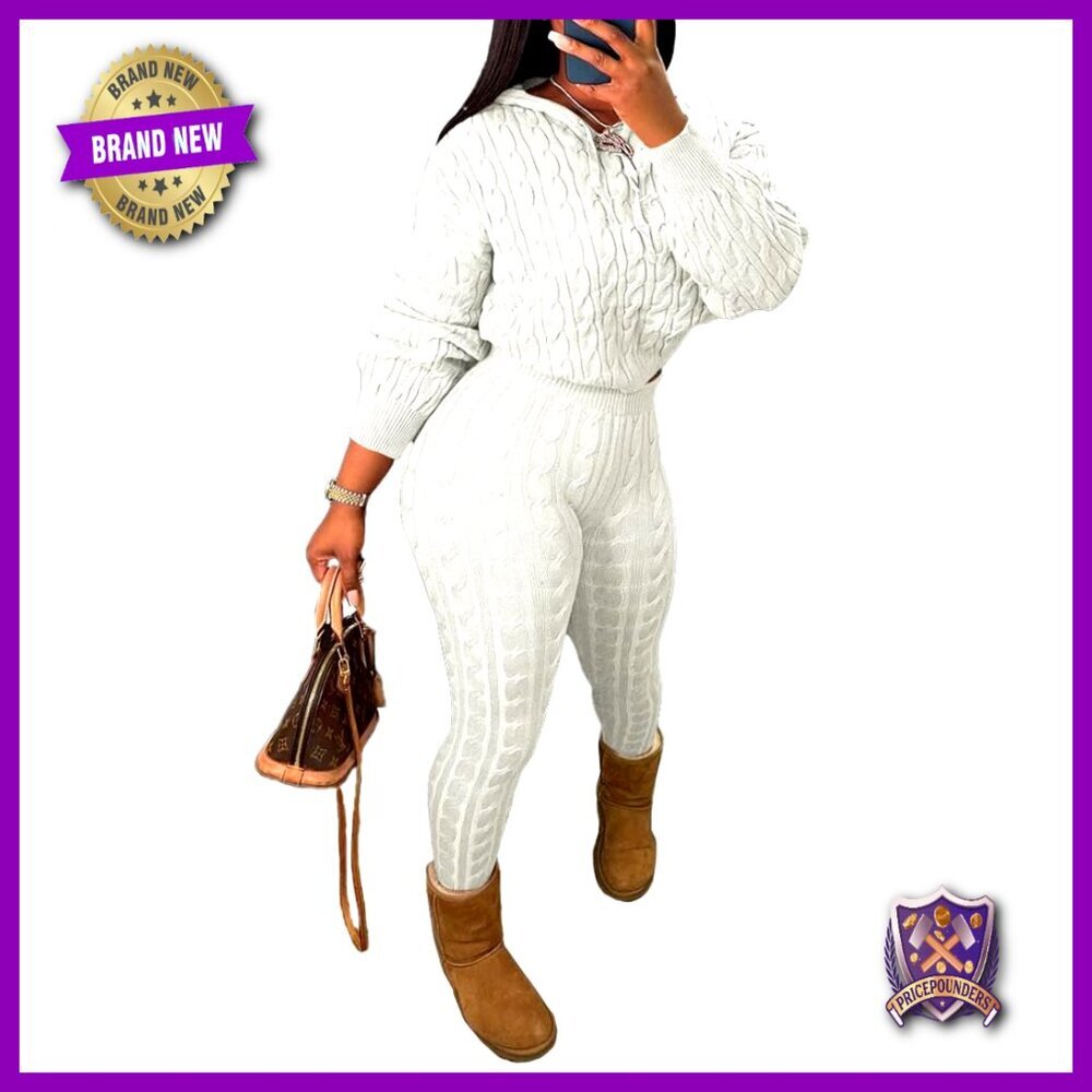 XXL Chunky Knit Hoodie Set Long Sleeve Sweater Two Piece Outfit